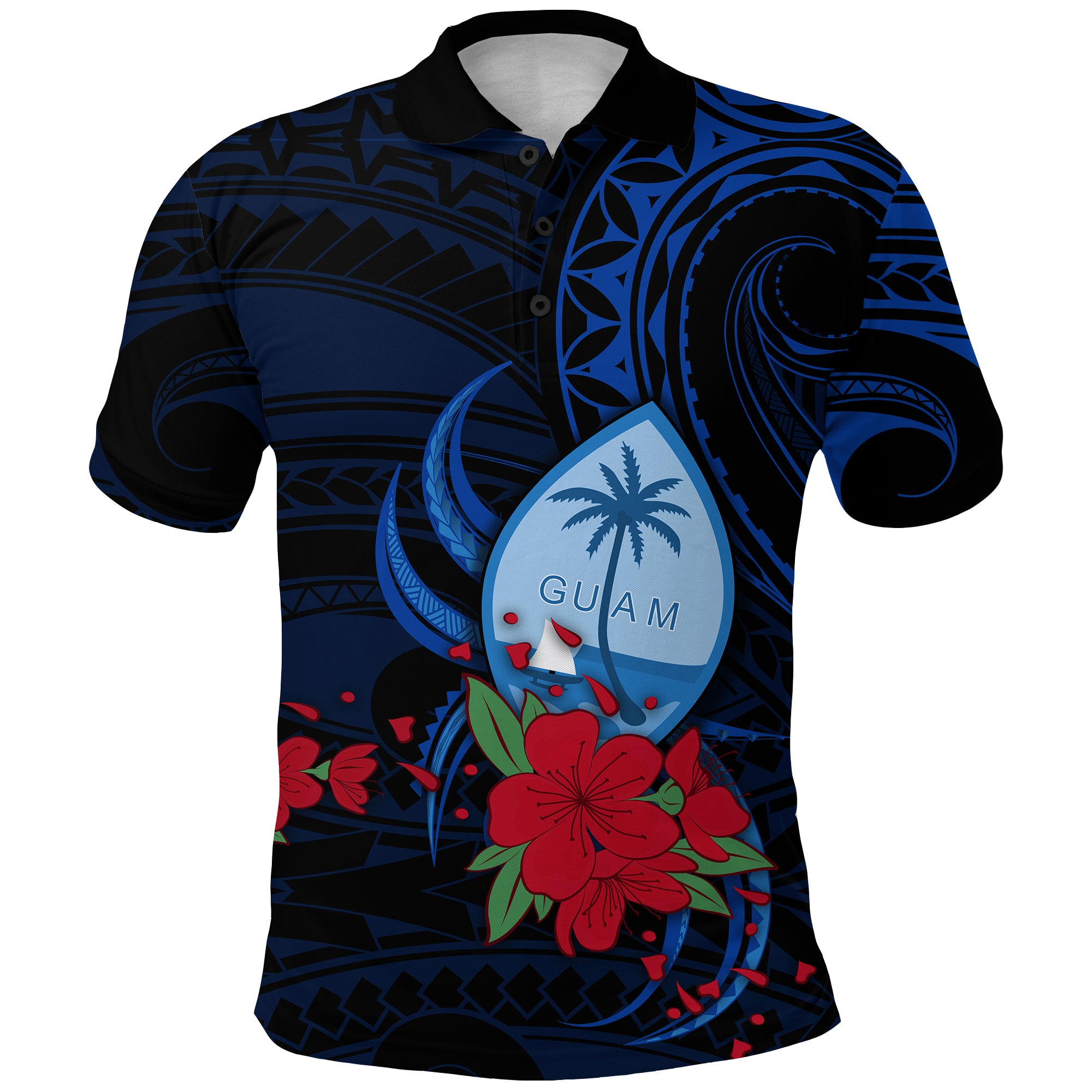 Guam Polo Shirt Polynesian Flowers LT13 Unisex Blue - Polynesian Pride