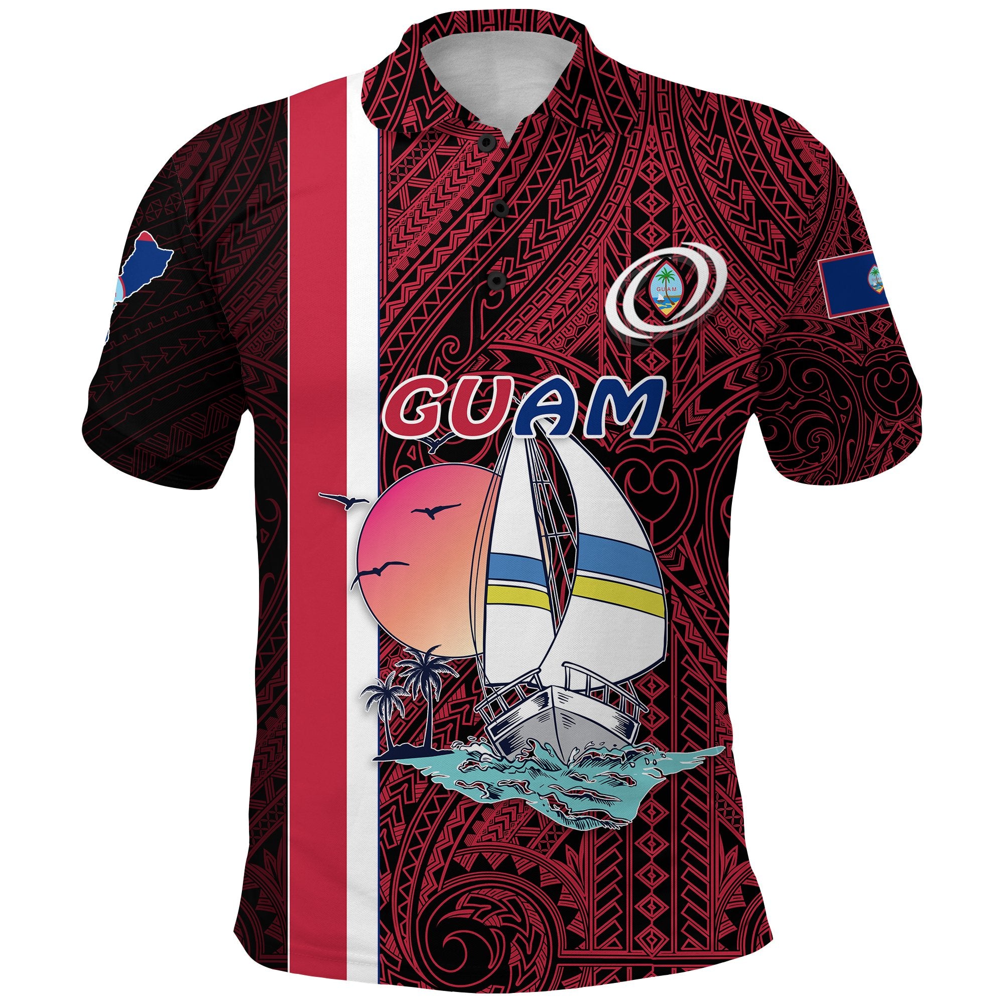 Guam Rugby Polo Shirt Polynesian Sailboat Style Unisex Dark Red - Polynesian Pride