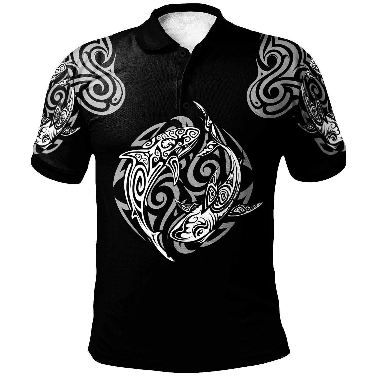 Polo Shirt Polynesian Shark Tatoo Black Color Unisex Black - Polynesian Pride