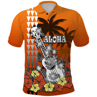 Hawaii Ukulele Mix Hibiscus and Palm Tree Polo Shirt Aloha Vintage Orange Version LT9 Black - Polynesian Pride