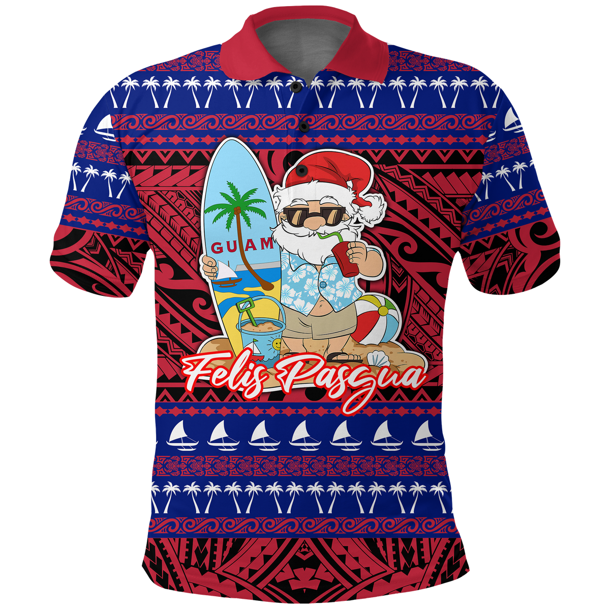 Guam Christmas Felis Pasgua Santas Guam Surf Board Polo Shirt LT2 RED - Polynesian Pride
