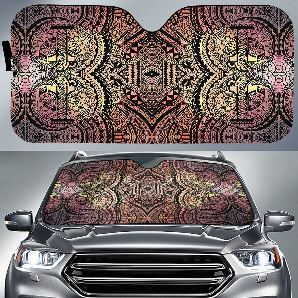 Polynesian Symmetry Car Sun Shade Auto Sun Shade Universal Fit White Brown - Polynesian Pride