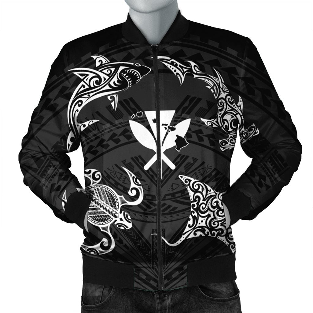 Polynesian Turtle Hammerhead Shark Ray Kanaka Hawaii Bomber Jacket Circle - AH Black Unisex - Polynesian Pride