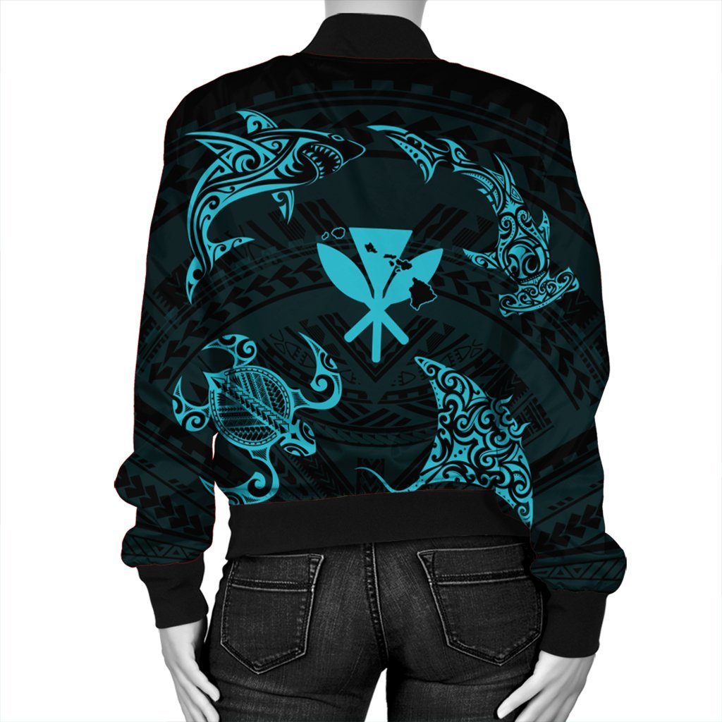 Polynesian Turtle Hammerhead Shark Ray Kanaka Hawaii Bomber Jacket Circle Blue - AH - Polynesian Pride