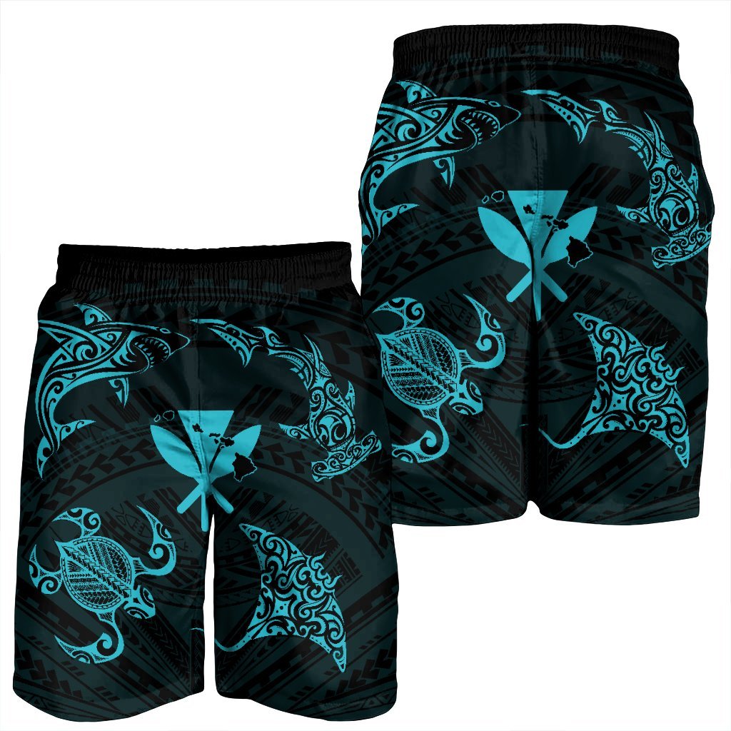 Polynesian Turtle Hammerhead Shark Ray Kanaka Hawaii Men's Shorts Circle Blue - AH - Polynesian Pride