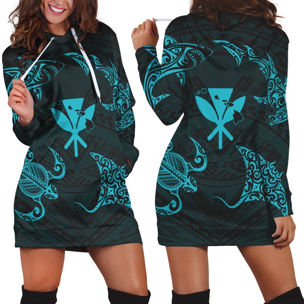 Polynesian Turtle Hammerhead Shark Ray Kanaka Hawaii Hoodie Dress Circle Blue - AH Black - Polynesian Pride