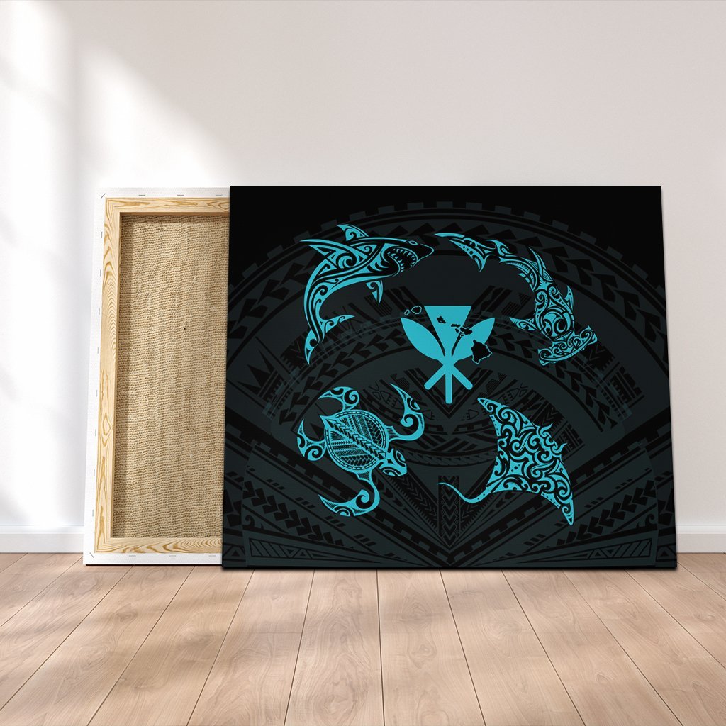 Polynesian Turtle Hammerhead Shark Ray Kanaka Hawaii Canvas Circle Blue - AH Canvas Poly-cotton - Polynesian Pride