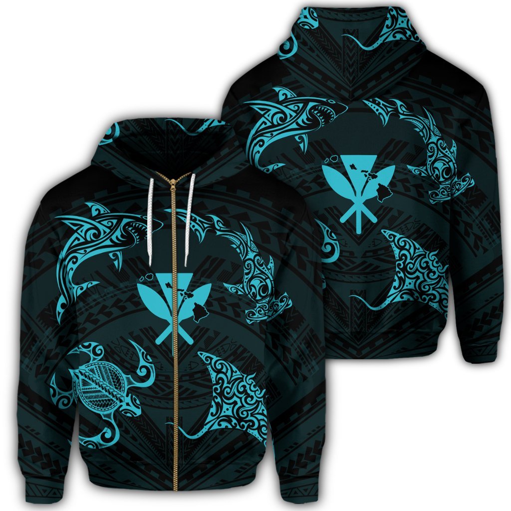 Polynesian Turtle Hammerhead Shark Ray Kanaka Hawaii Zip Hoodie Circle Blue Unisex Art - Polynesian Pride