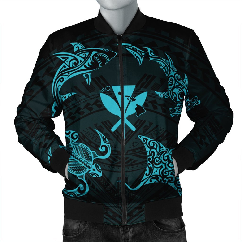 Polynesian Turtle Hammerhead Shark Ray Kanaka Hawaii Bomber Jacket Circle Blue - AH Black Unisex - Polynesian Pride