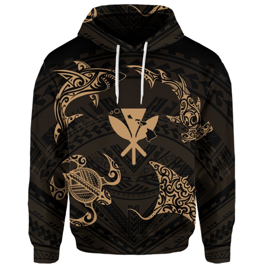 Custom Polynesian Turtle Hammerhead Shark Ray Kanaka Hawaii Hoodie Circle Gold - Polynesian Pride