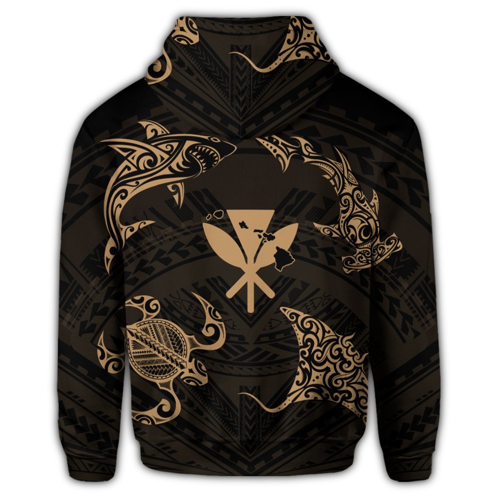 Polynesian Turtle Hammerhead Shark Ray Kanaka Hawaii Zip Hoodie Circle Gold - Polynesian Pride