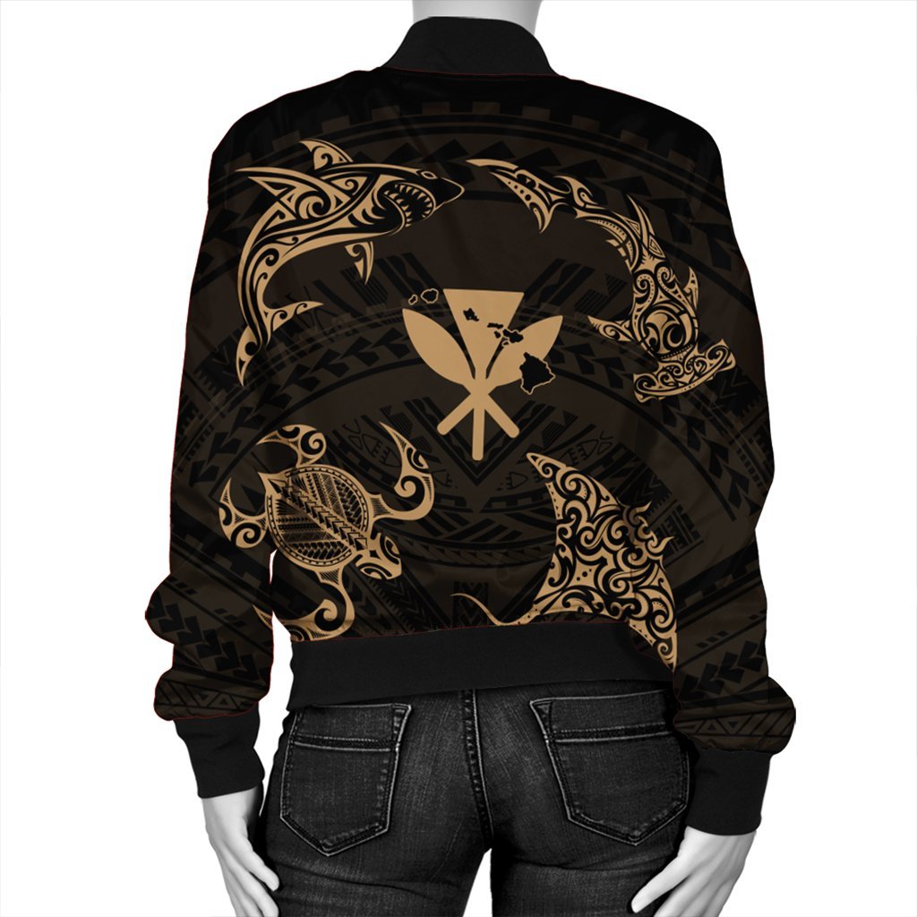 Polynesian Turtle Hammerhead Shark Ray Kanaka Hawaii Bomber Jacket Circle Gold - AH - Polynesian Pride