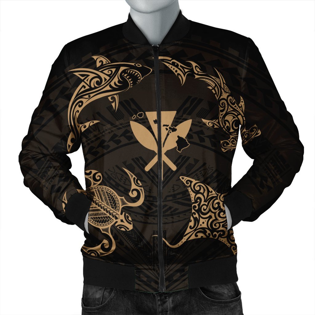 Polynesian Turtle Hammerhead Shark Ray Kanaka Hawaii Bomber Jacket Circle Gold - AH Black Unisex - Polynesian Pride