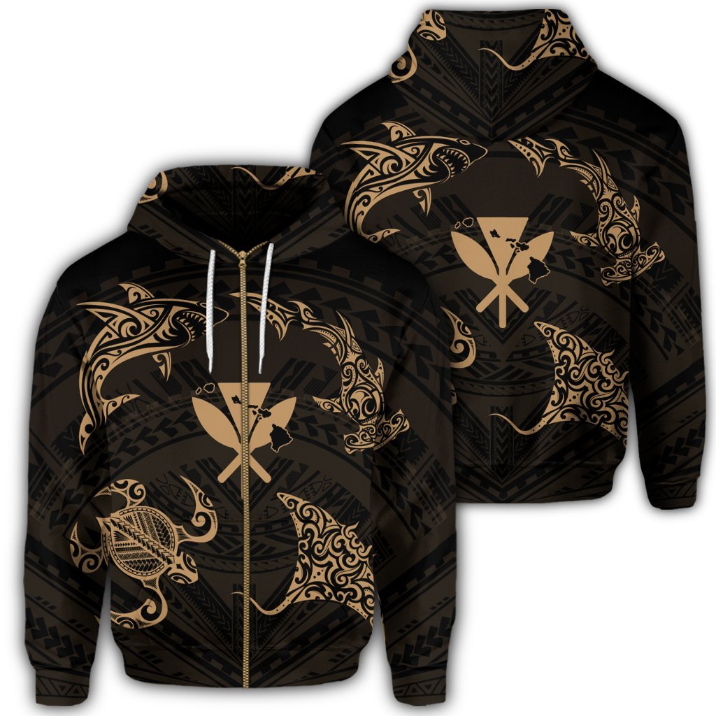 Polynesian Turtle Hammerhead Shark Ray Kanaka Hawaii Zip Hoodie Circle Gold Unisex Art - Polynesian Pride