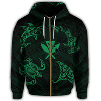 Polynesian Turtle Hammerhead Shark Ray Kanaka Hawaii Zip Hoodie Circle Green - Polynesian Pride