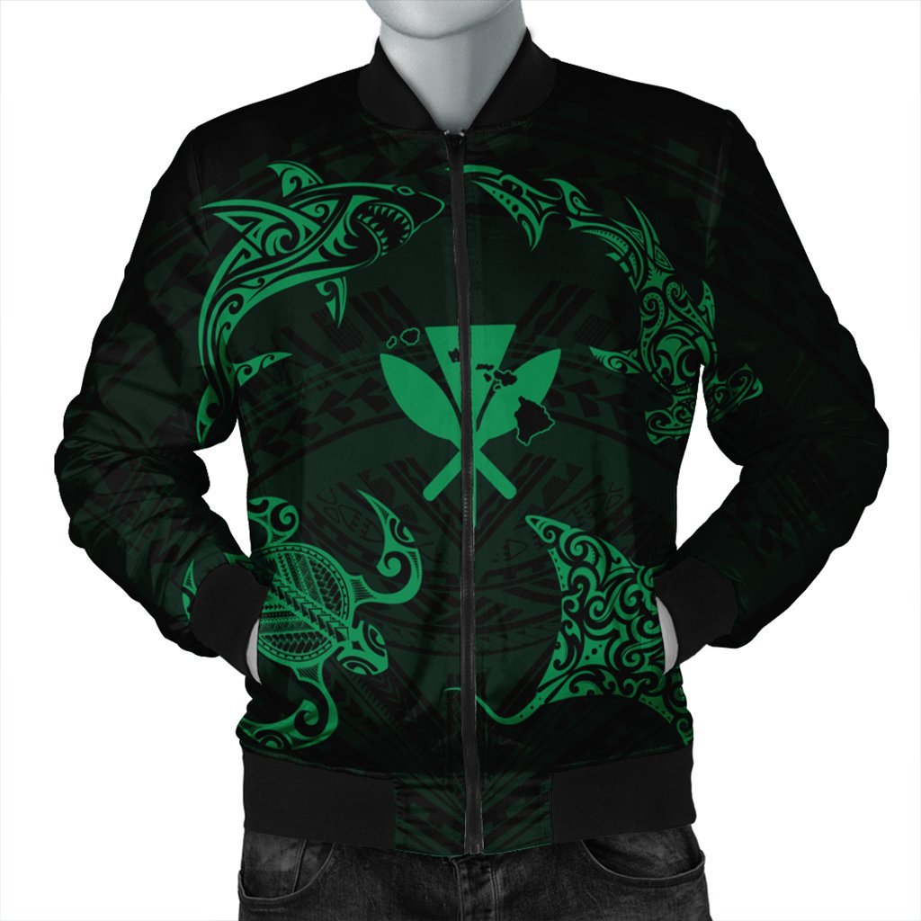 Polynesian Turtle Hammerhead Shark Ray Kanaka Hawaii Bomber Jacket Circle Green - AH Black Unisex - Polynesian Pride
