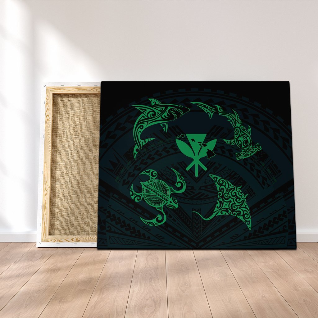 Polynesian Turtle Hammerhead Shark Ray Kanaka Hawaii Canvas Circle Green - AH Canvas Poly-cotton - Polynesian Pride