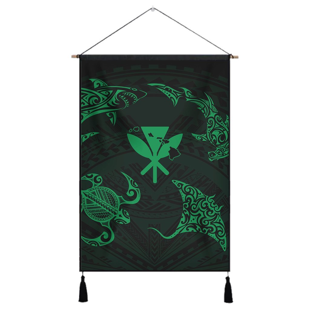 Polynesian Turtle Hammerhead Shark Ray Kanaka Hawaii Hanging Poster Circle Green - AH Hanging Poster Cotton And Linen - Polynesian Pride