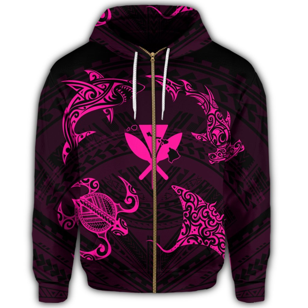 Polynesian Turtle Hammerhead Shark Ray Kanaka Hawaii Zip Hoodie Circle Pink - Polynesian Pride