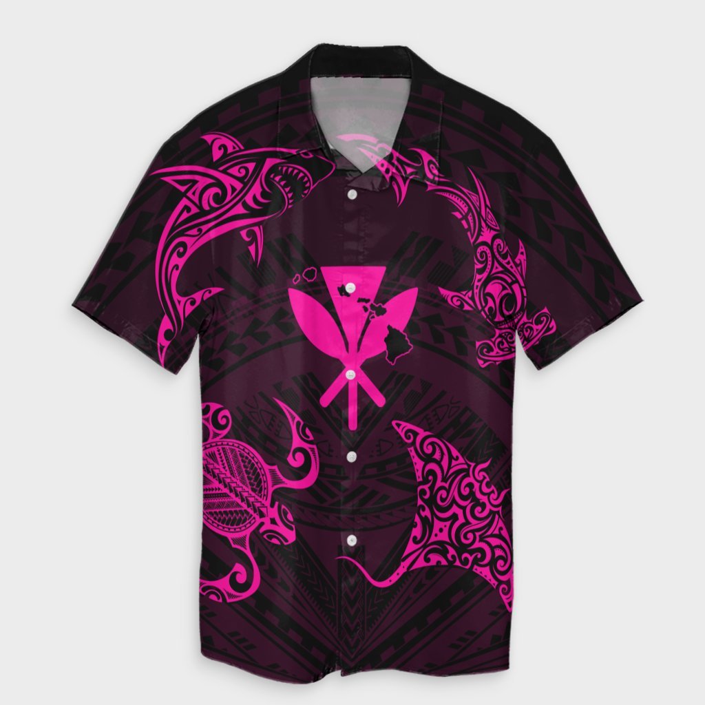 Matching Couple Hawaiian Outfits Dress and Hawaiian Shirt Polynesian Turtle Hammerhead Shark Ray Kanaka Hawaii Circle Pink RLT14 - Polynesian Pride