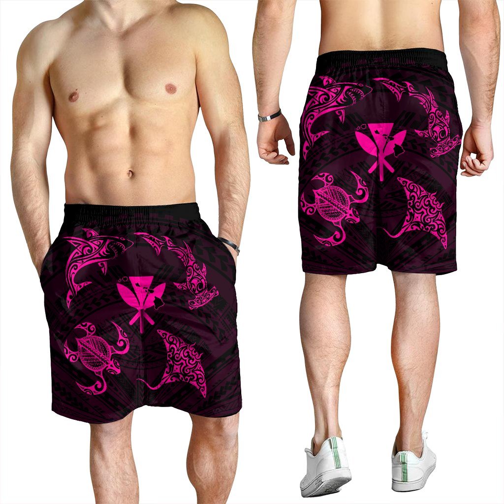Polynesian Turtle Hammerhead Shark Ray Kanaka Hawaii Men's Shorts Circle Pink - AH - Polynesian Pride