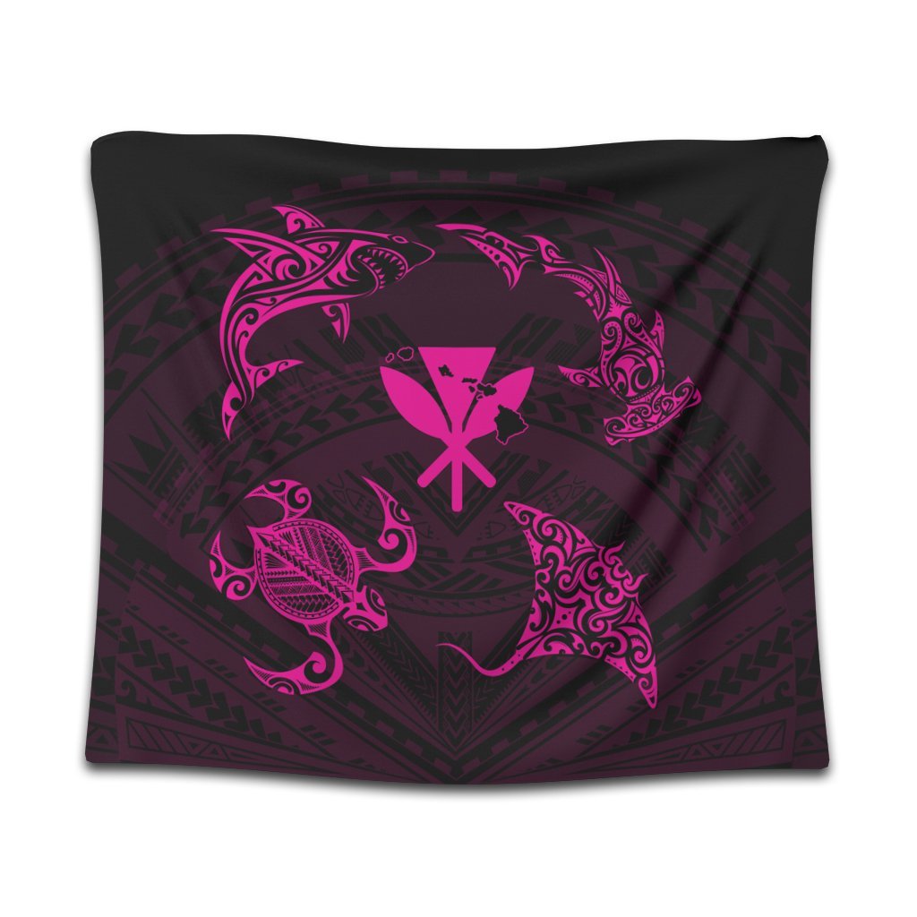 Polynesian Turtle Hammerhead Shark Ray Kanaka Hawaii Tapestry Circle Pink - AH Wall Tapestry Black - Polynesian Pride