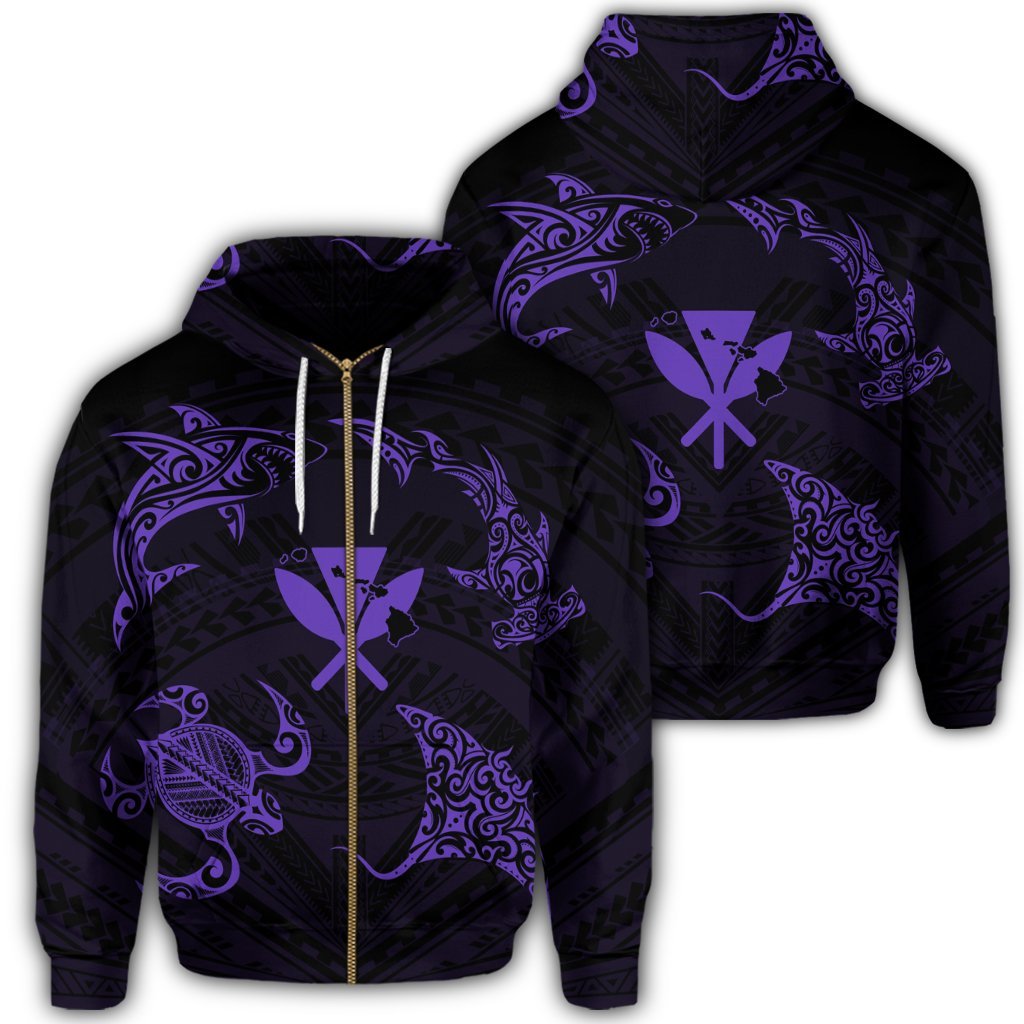 Polynesian Turtle Hammerhead Shark Ray Kanaka Hawaii Zip Hoodie Circle Purple Unisex Art - Polynesian Pride
