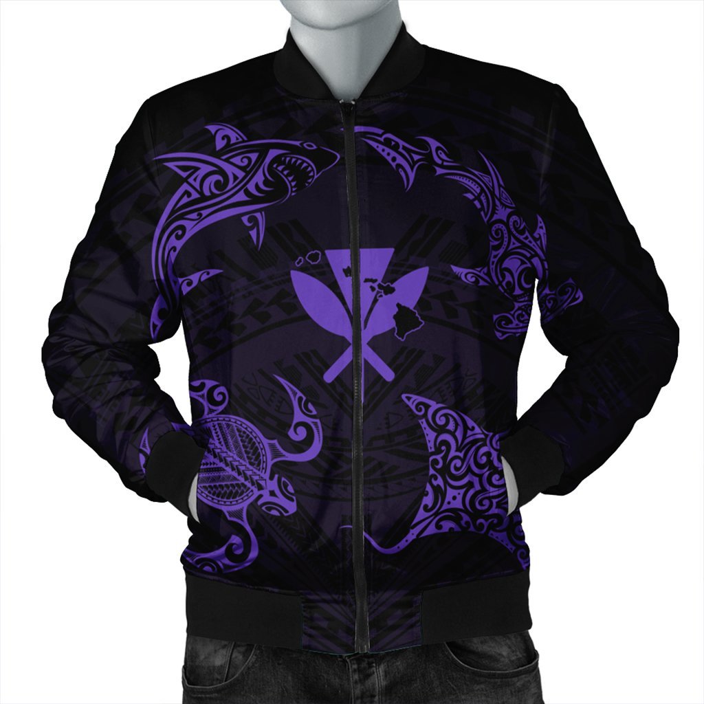 Polynesian Turtle Hammerhead Shark Ray Kanaka Hawaii Bomber Jacket Circle Purple - AH Black Unisex - Polynesian Pride