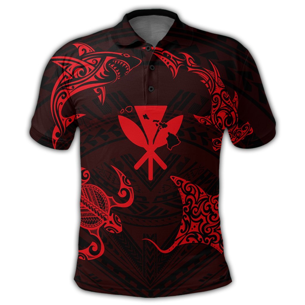 Polynesian Turtle Hammerhead Shark Ray Kanaka Hawaii Polo Shirt Circle Red - Polynesian Pride