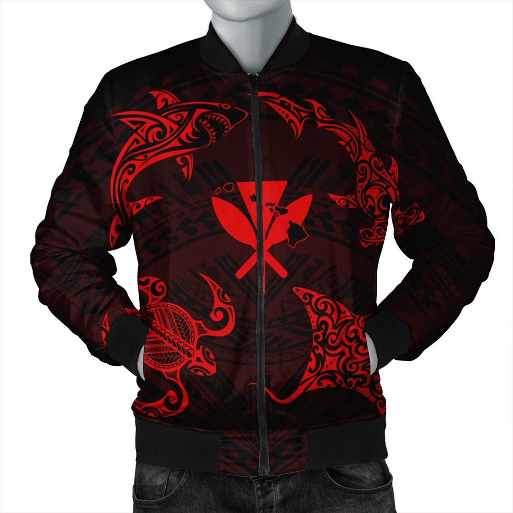 Polynesian Turtle Hammerhead Shark Ray Kanaka Hawaii Bomber Jacket Circle Red - AH Black Unisex - Polynesian Pride