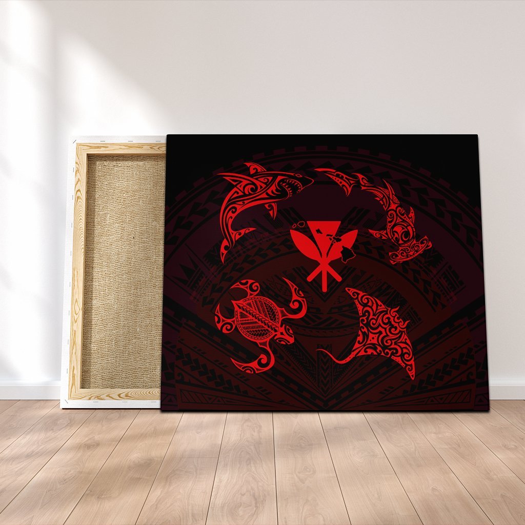 Polynesian Turtle Hammerhead Shark Ray Kanaka Hawaii Canvas Circle Red - AH Canvas Poly-cotton - Polynesian Pride
