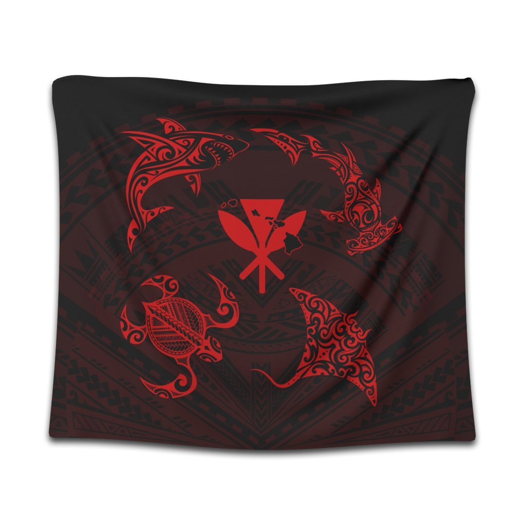 Polynesian Turtle Hammerhead Shark Ray Kanaka Hawaii Tapestry Circle Red - AH Wall Tapestry Black - Polynesian Pride