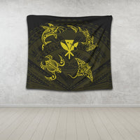 Polynesian Turtle Hammerhead Shark Ray Kanaka Hawaii Tapestry Circle Yellow - AH - Polynesian Pride