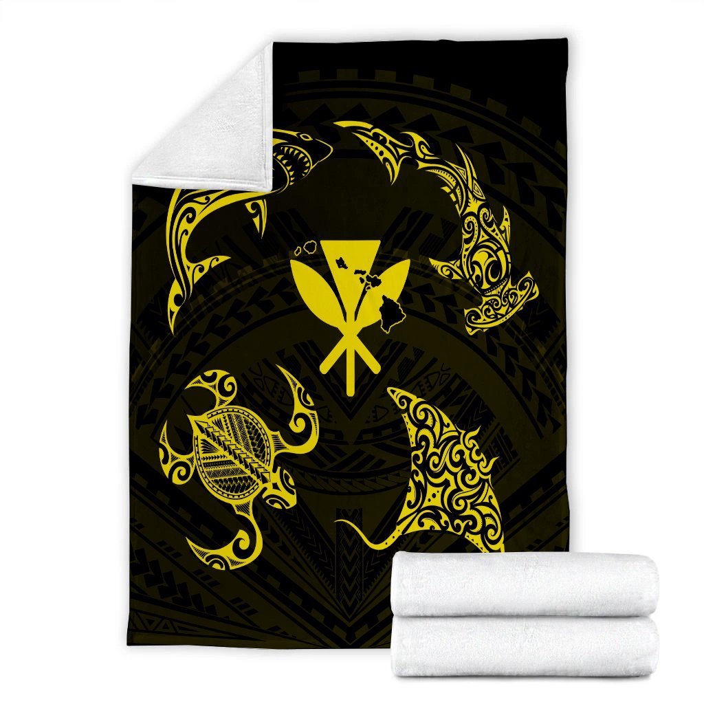 Polynesian Turtle Hammerhead Shark Ray Kanaka Hawaii Premium Blankets Circle Yellow - AH - Polynesian Pride