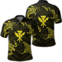 Polynesian Turtle Hammerhead Shark Ray Kanaka Hawaii Polo Shirt Circle Yellow Unisex Black - Polynesian Pride