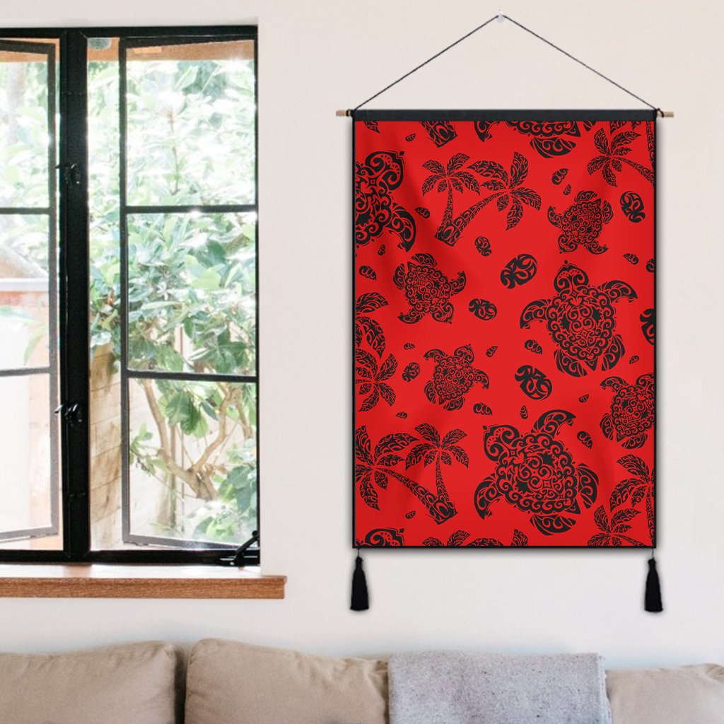 Polynesian Turtle Palm And Sea Pebbles Red Hanging Poster - AH Hanging Poster 50 x 75 cm Cotton And Linen - Polynesian Pride