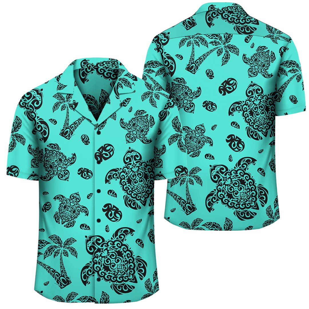 Polynesian Turtle Palm And Sea Pebbles Turquoise Hawaiian Shirt Unisex Black - Polynesian Pride