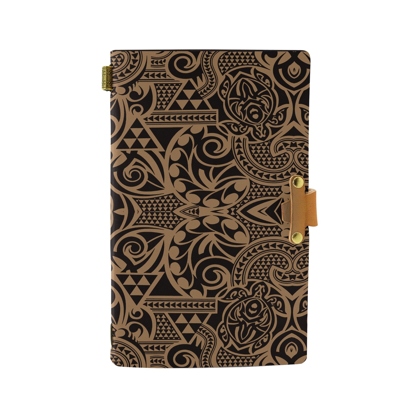 Hawaii Polynesian Kakau Turtle Gold Leather Notebook Leather Black - Polynesian Pride