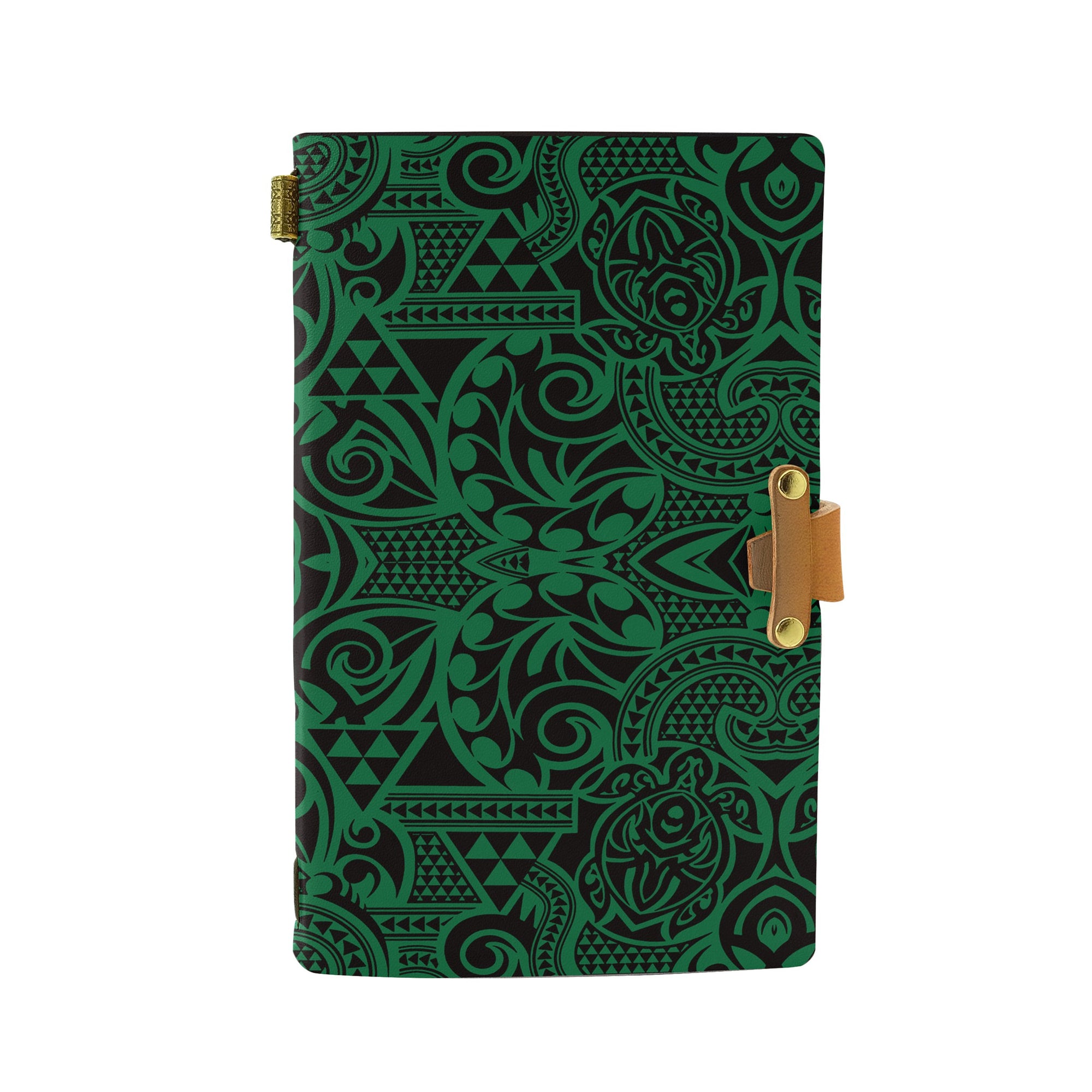 Hawaii Polynesian Kakau Turtle Green Leather Notebook Leather Black - Polynesian Pride