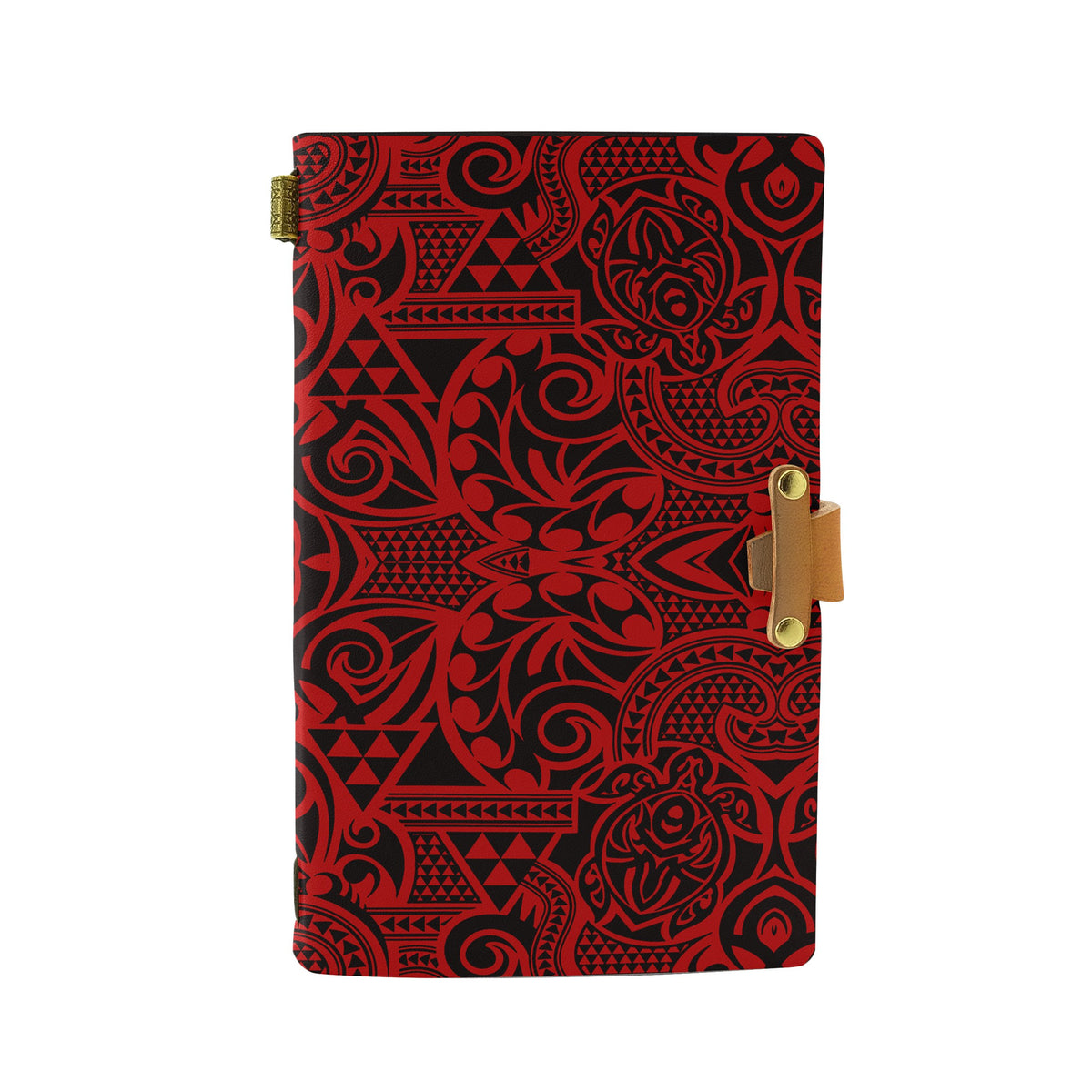 Hawaii Polynesian Kakau Turtle Red Leather Notebook Leather Black - Polynesian Pride