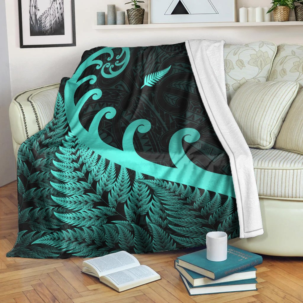 New Zealand Rugby Maori Premium Blanket Silver Fern Koru Vibes - Turquoise LT8 Blankets White - Polynesian Pride