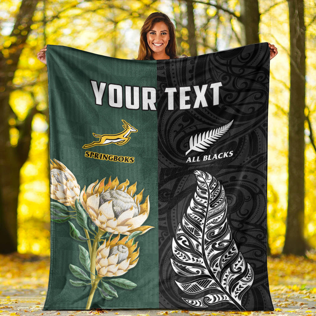 (Custom Personalised) South Africa Protea and New Zealand Fern Premium Blanket Rugby Go Springboks vs All Black LT13 White - Polynesian Pride