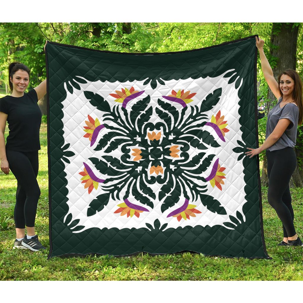 Hawaiian Quilt Paradise Flowers Premium Quilt - AH Green - Polynesian Pride