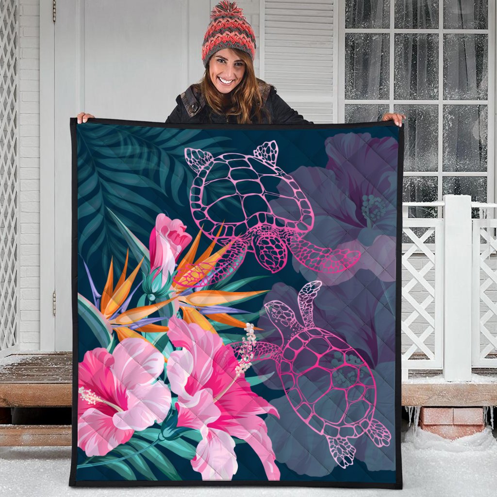 Hawaii Pink Turtles Hibiscus Tropical Premium Quilt - Vint Style - AH - Polynesian Pride