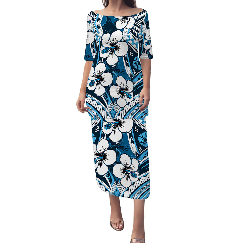 Hibiscus Puletasi Dress Fiji Blue Patterns LT6 Long Dress Blue - Polynesian Pride