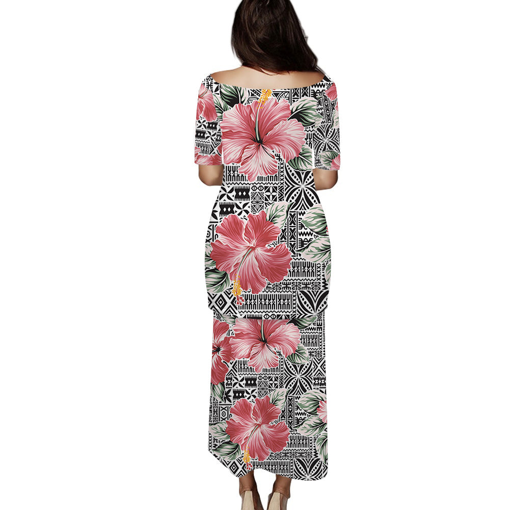 Polynesian Puletasi Dress Pink Hibiscus Flower With Tapa Pattern LT14 - Polynesian Pride