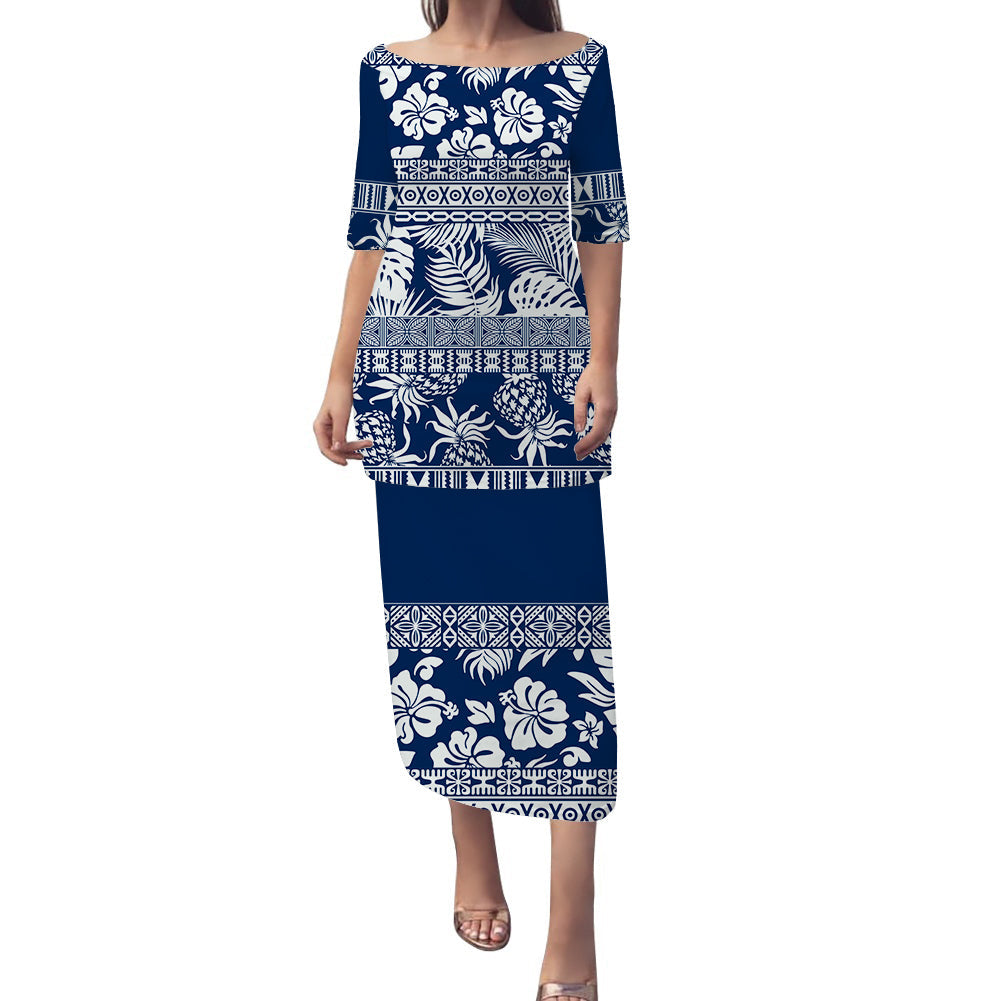 Polynesian Puletasi Dress Hibiscus Tropical Leaves Pattern Ver.01 LT14 Blue - Polynesian Pride