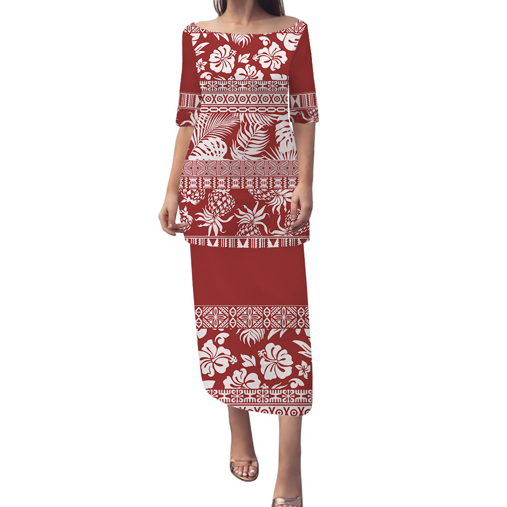 Polynesian Puletasi Dress Hibiscus Tropical Leaves Pattern Ver.04 LT14 Red - Polynesian Pride