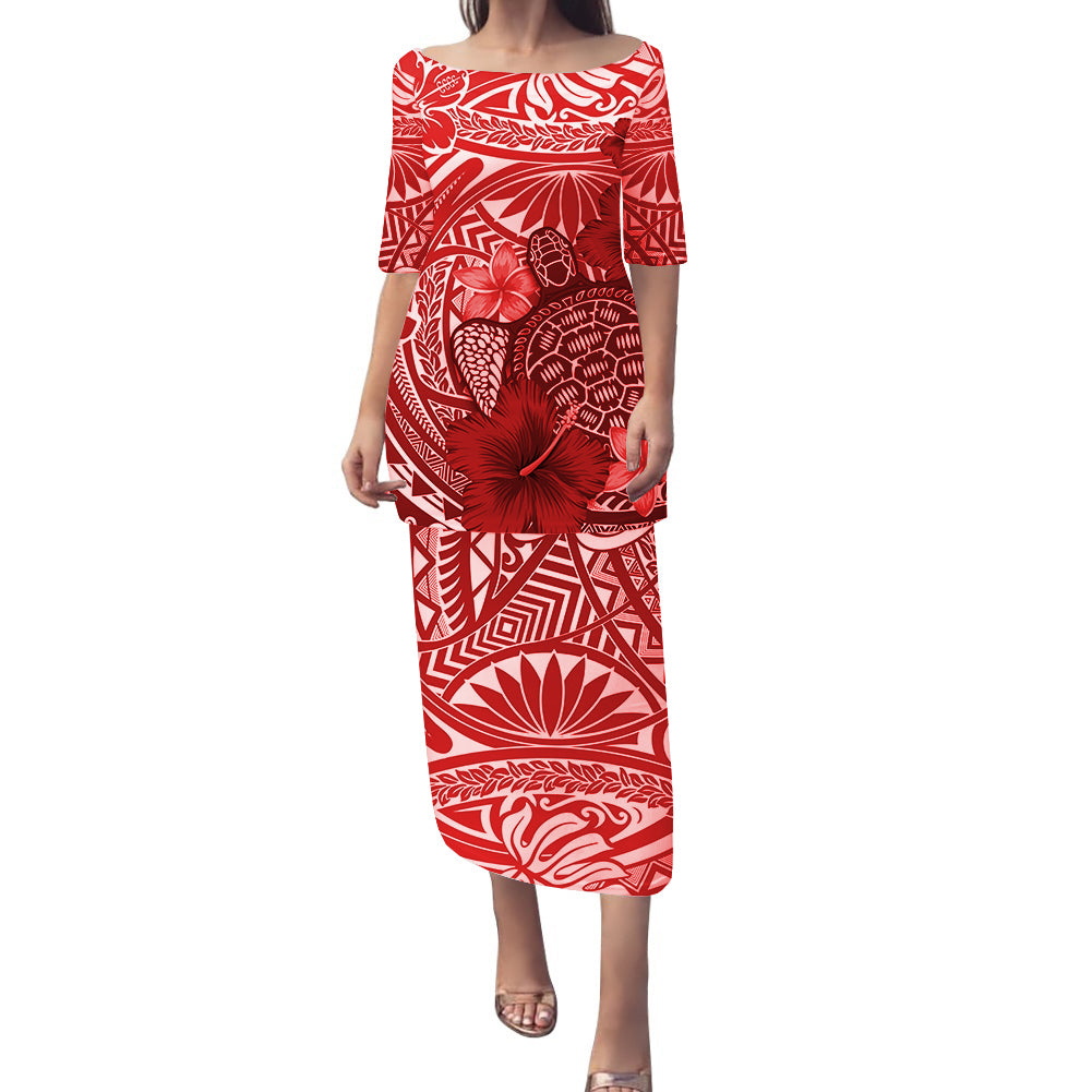 Polynesian Puletasi Dress Hibiscus With Sea Turtle Ver.03 LT14 Red - Polynesian Pride