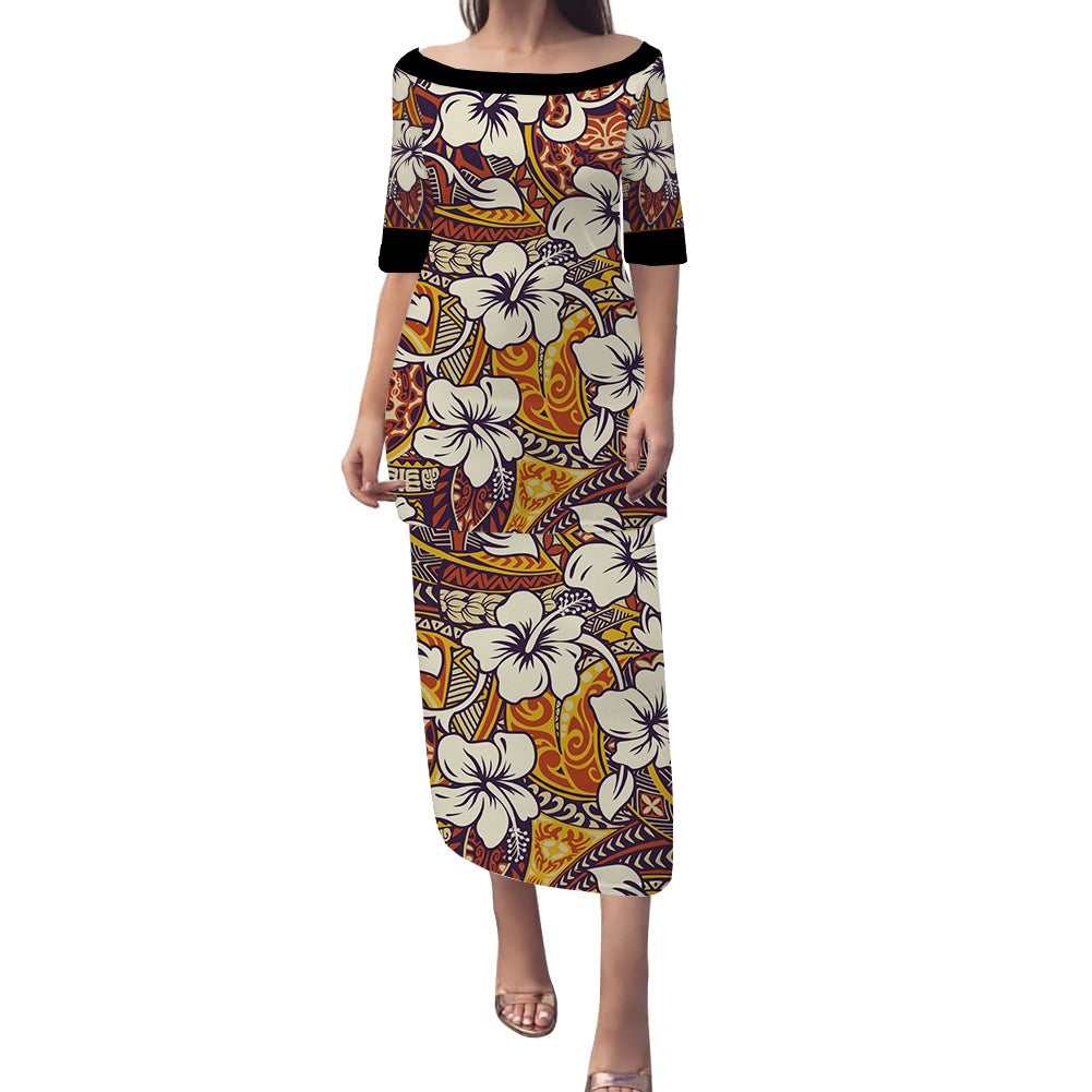 Polynesian Puletasi Dress Tropical Hibiscus Flower With Tapa Pattern Ver.01 LT14 Orange - Polynesian Pride